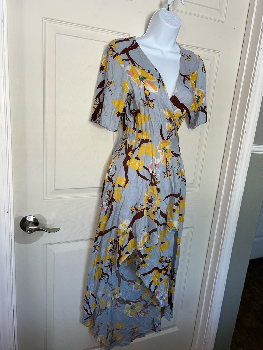 Angie Light Blue Floral High-Low Wrap Dress with Yellow Blossom Print